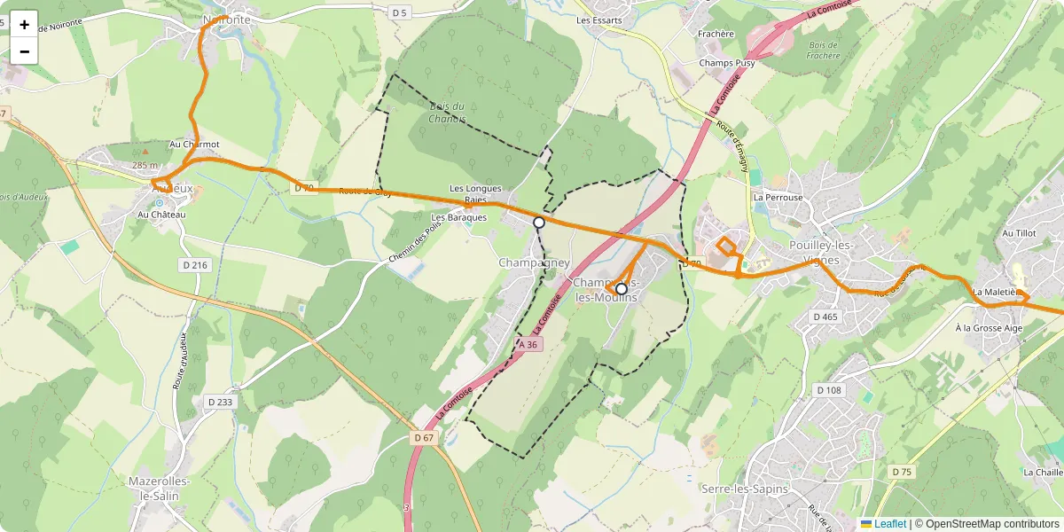 Carte du réseau de transport en commun à Champvans-les-Moulins - lignes de bus et arrêts