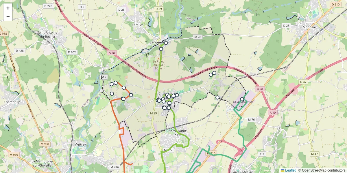 Carte du réseau de transport en commun à Chanceaux-sur-Choisille - lignes de bus et arrêts