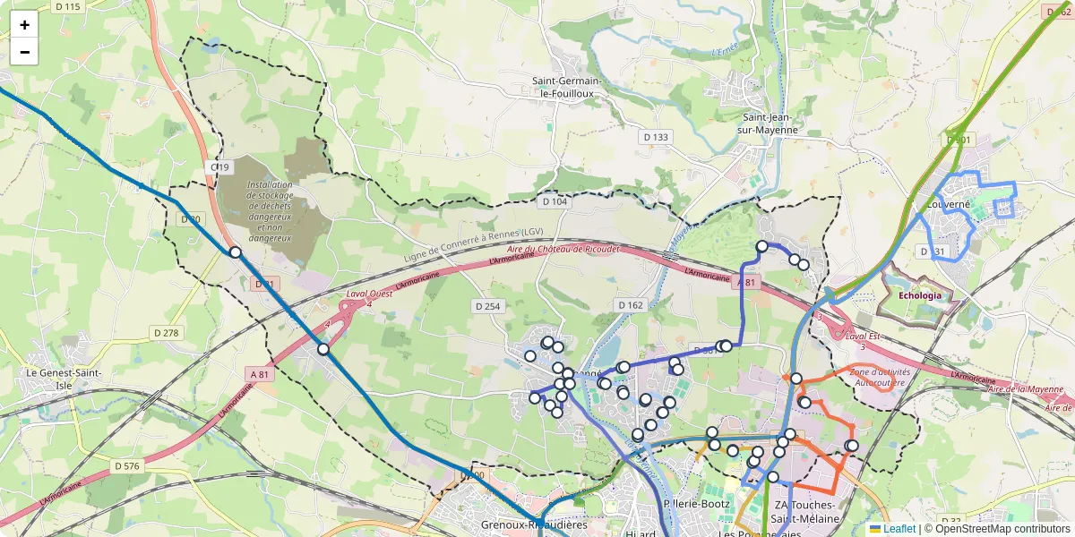 Carte du réseau de transport en commun à Changé - lignes de bus et arrêts