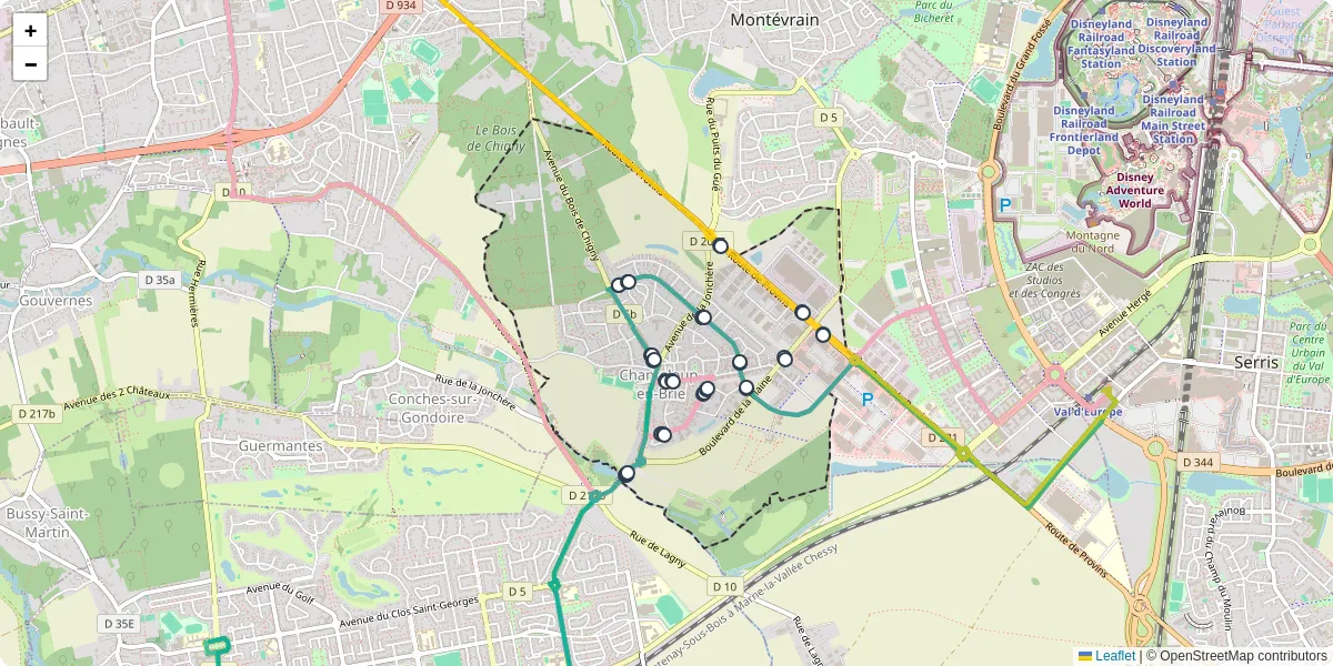 Carte du réseau de transport en commun à Chanteloup-en-Brie - lignes de bus et arrêts