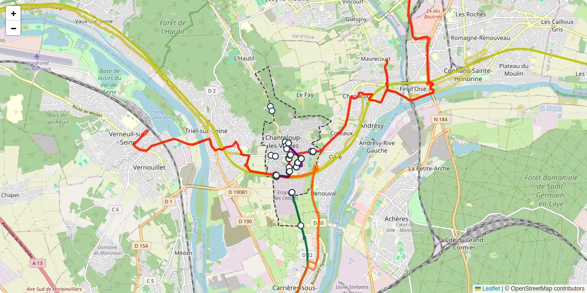 Carte du réseau de transport en commun à Chanteloup-les-Vignes - lignes de bus et arrêts