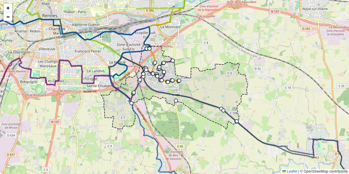 Carte du réseau de transport en commun à Chantepie - lignes de bus et arrêts