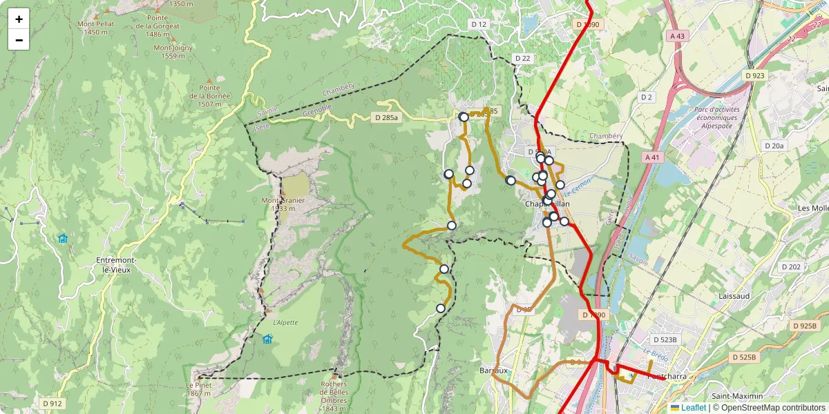 Carte du réseau de transport en commun à Chapareillan - lignes de bus et arrêts