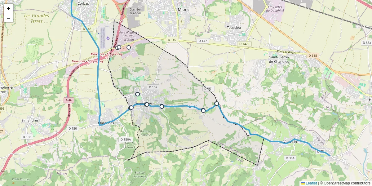 Carte du réseau de transport en commun à Chaponnay - lignes de bus et arrêts