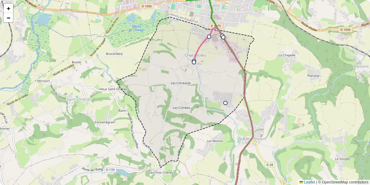 Carte du réseau de transport en commun à Charancieu - lignes de bus et arrêts