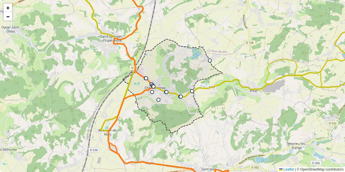 Carte du réseau de transport en commun à Charantonnay - lignes de bus et arrêts