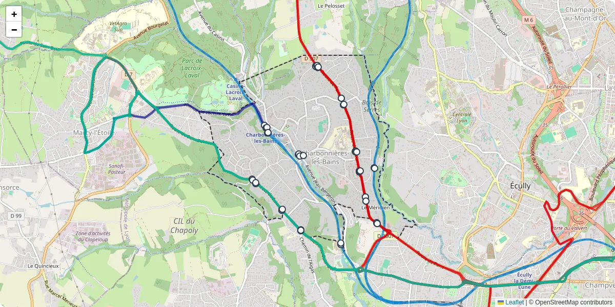 Carte du réseau de transport en commun à Charbonnières-les-Bains - lignes de bus et arrêts