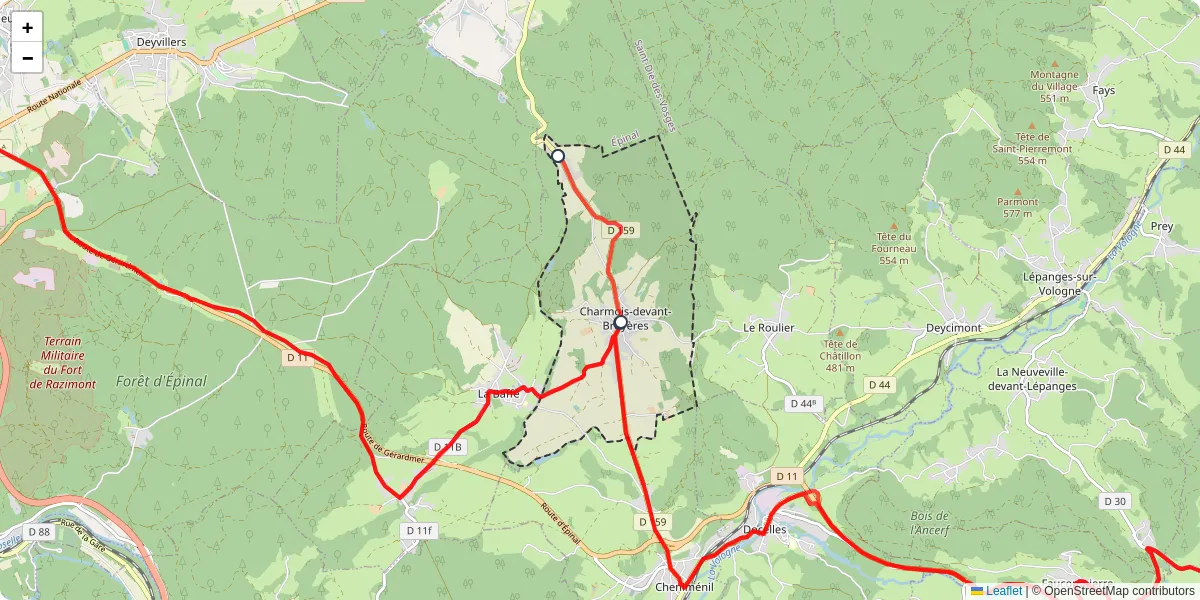 Carte du réseau de transport en commun à Charmois-devant-Bruyères - lignes de bus et arrêts