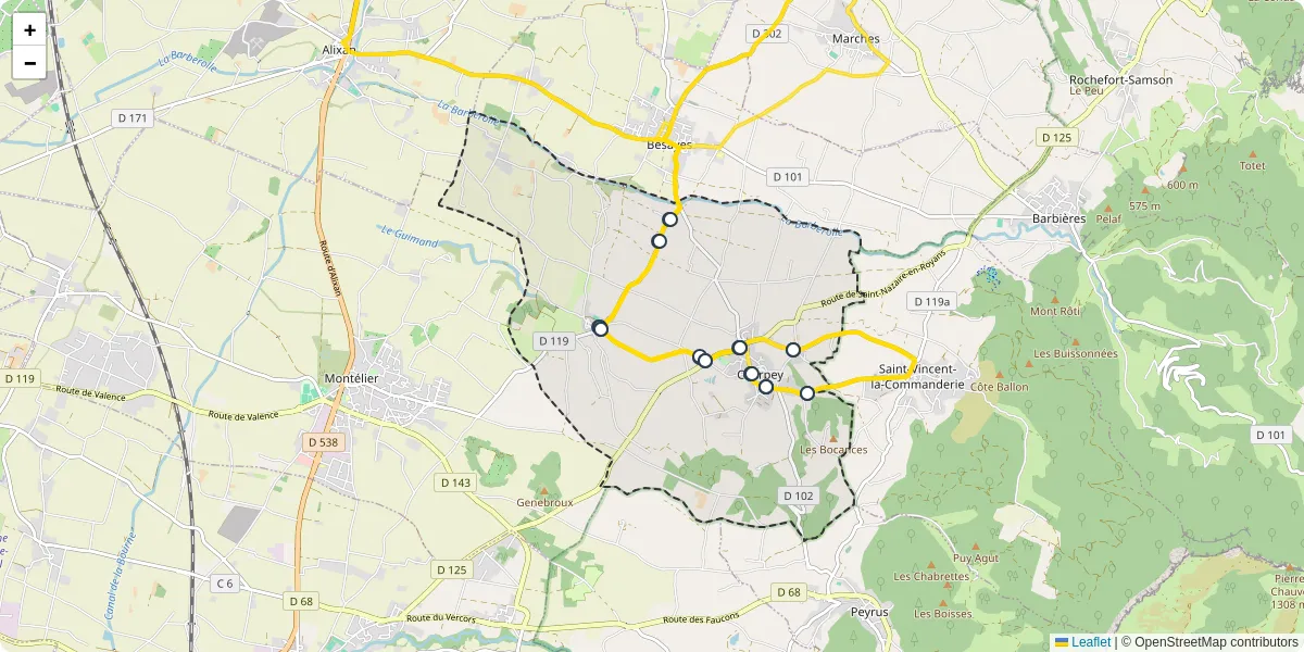 Carte du réseau de transport en commun à Charpey - lignes de bus et arrêts