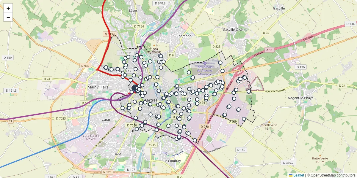 Carte du réseau de transport en commun à Chartres - lignes de bus et arrêts