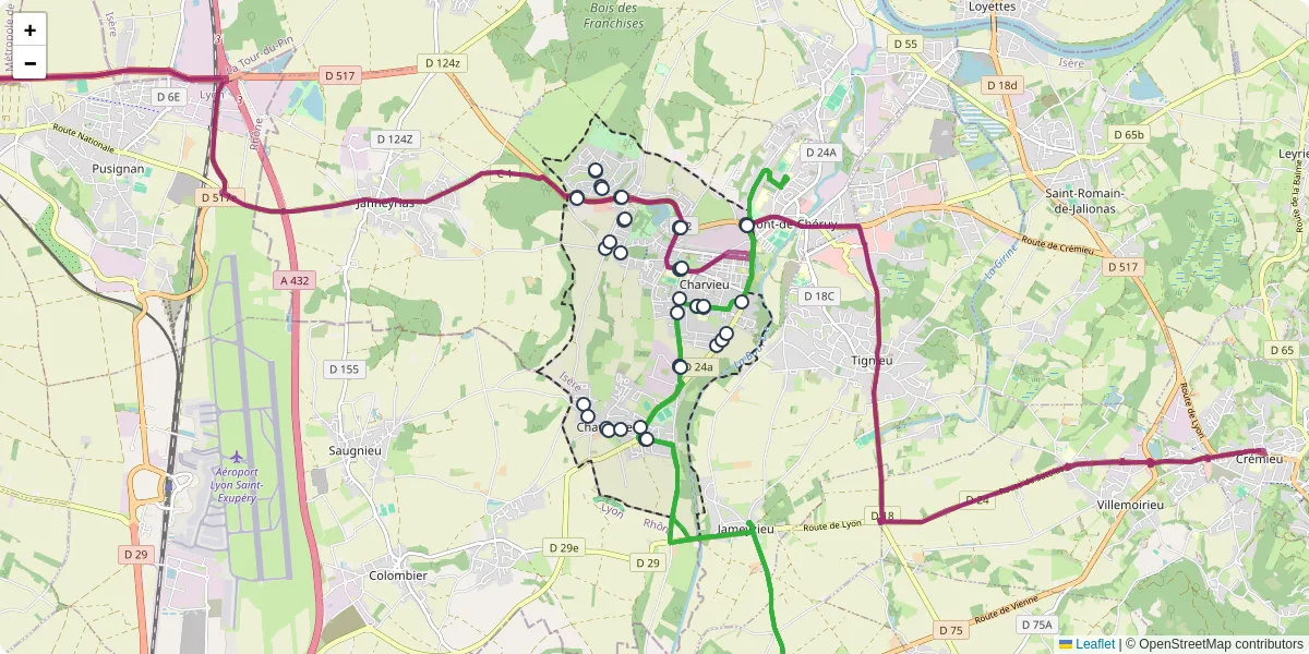 Carte du réseau de transport en commun à Charvieu-Chavagneux - lignes de bus et arrêts