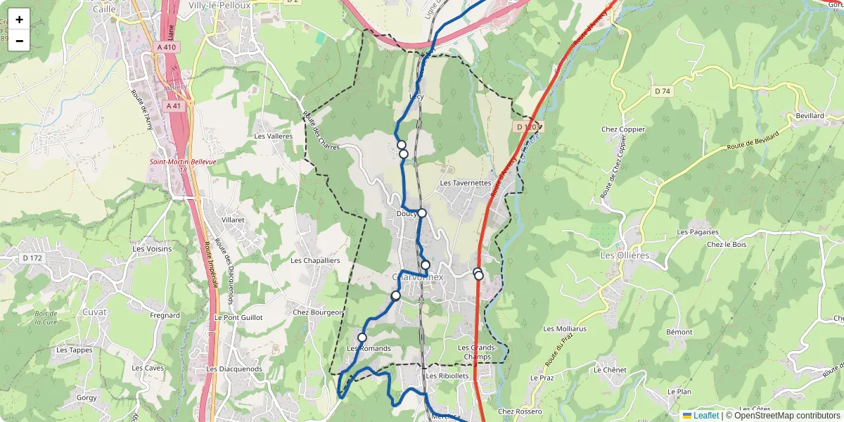 Carte du réseau de transport en commun à Charvonnex - lignes de bus et arrêts