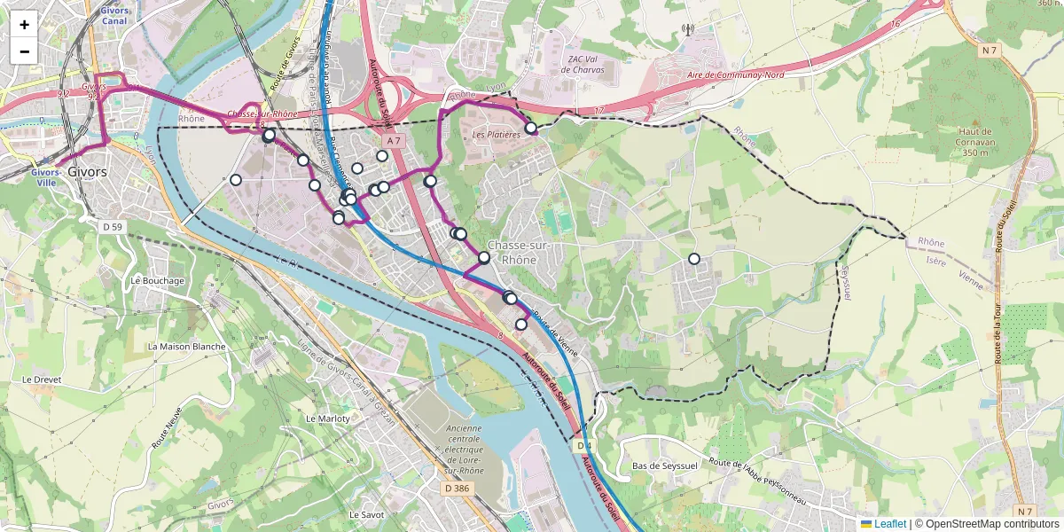 Carte du réseau de transport en commun à Chasse-sur-Rhône - lignes de bus et arrêts