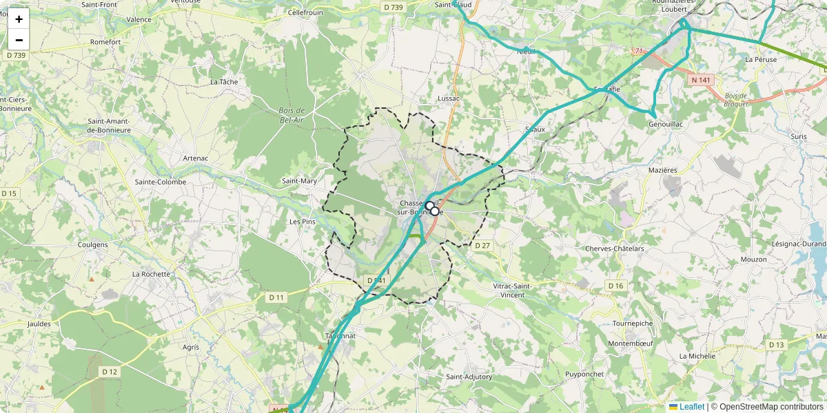 Carte du réseau de transport en commun à Chasseneuil-sur-Bonnieure - lignes de bus et arrêts