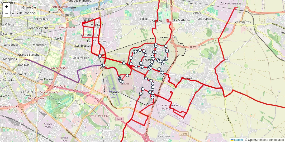 Carte du réseau de transport en commun à Chassieu - lignes de bus et arrêts