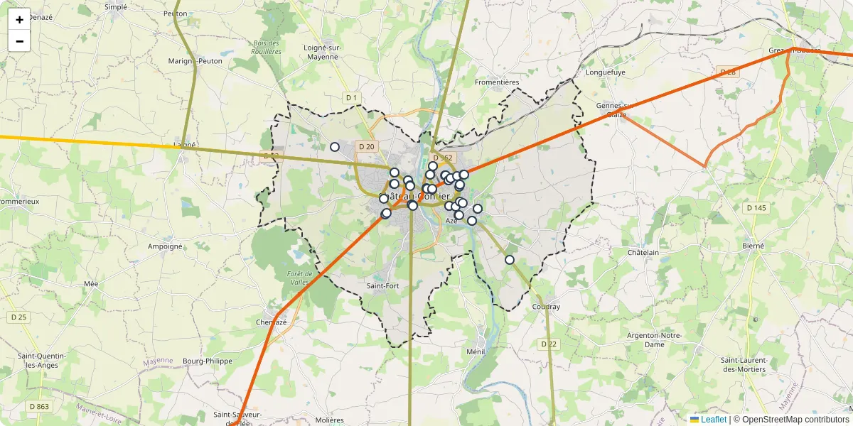 Carte du réseau de transport en commun à Château-Gontier-sur-Mayenne - lignes de bus et arrêts