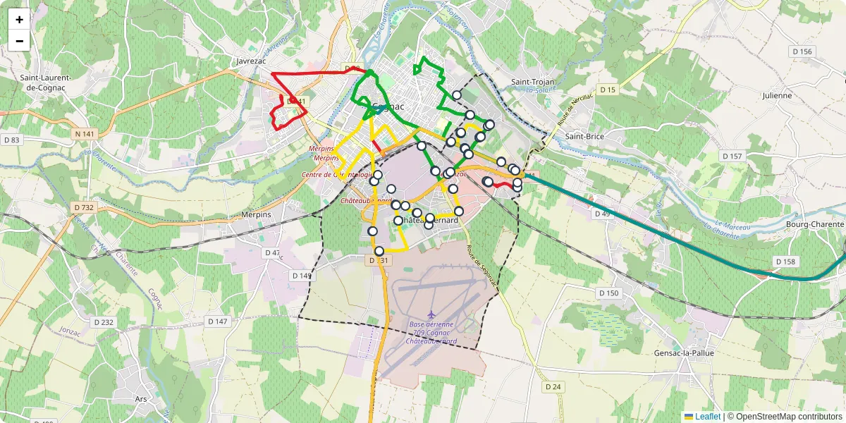 Carte du réseau de transport en commun à Châteaubernard - lignes de bus et arrêts