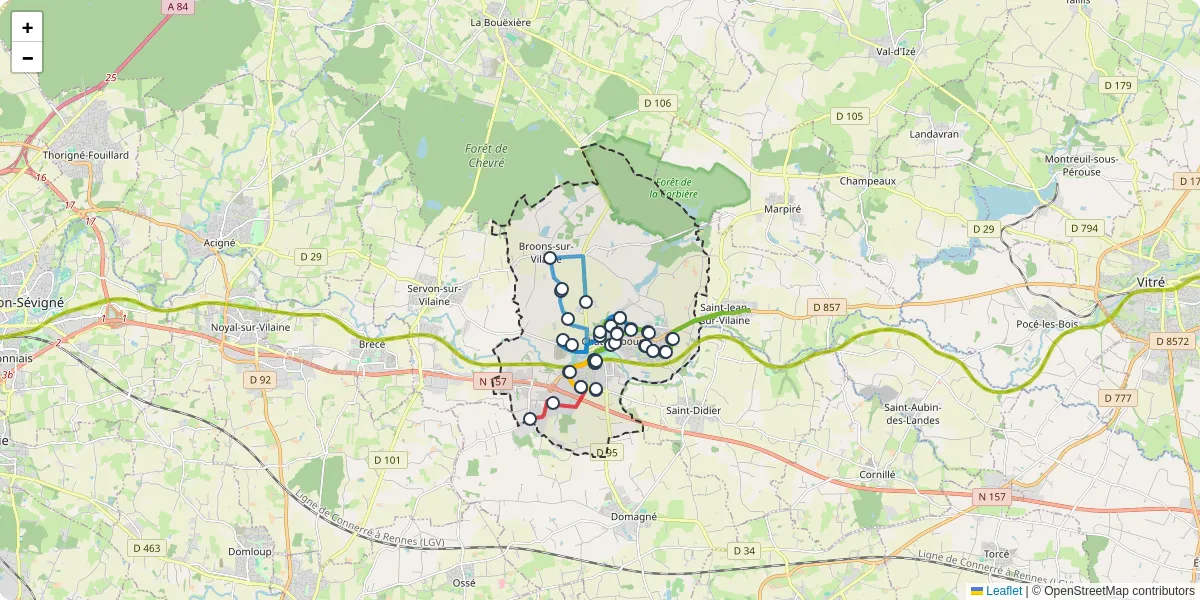 Carte du réseau de transport en commun à Châteaubourg - lignes de bus et arrêts
