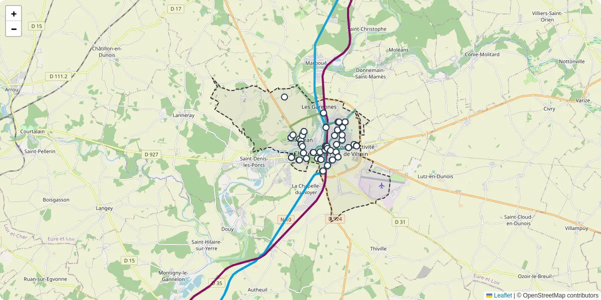 Carte du réseau de transport en commun à Châteaudun - lignes de bus et arrêts