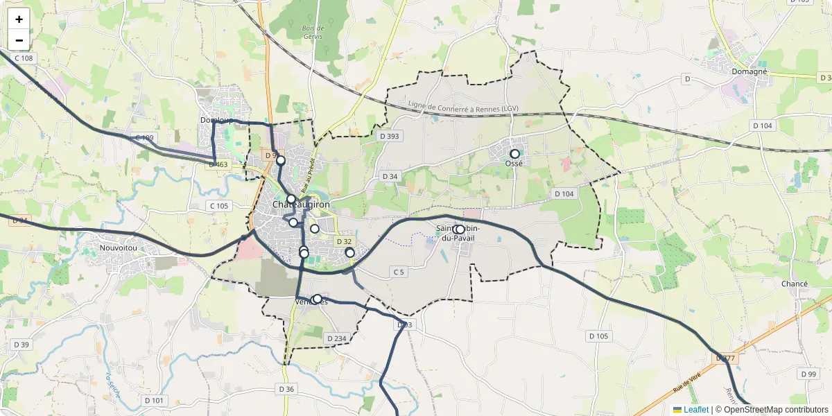 Carte du réseau de transport en commun à Châteaugiron - lignes de bus et arrêts