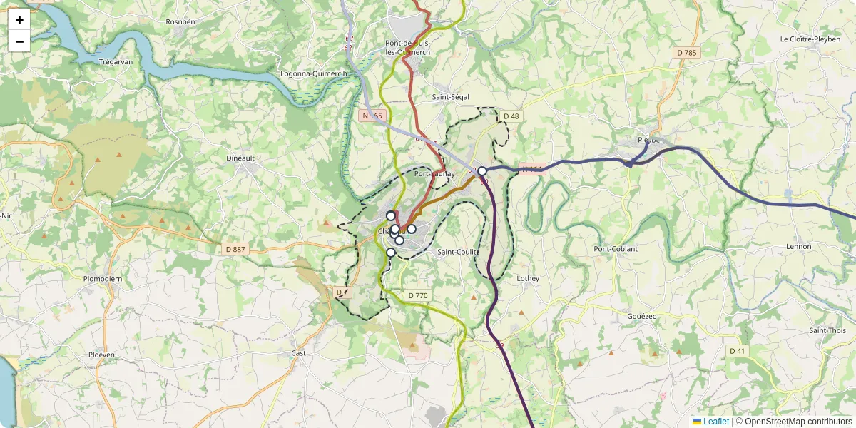 Carte du réseau de transport en commun à Châteaulin - lignes de bus et arrêts