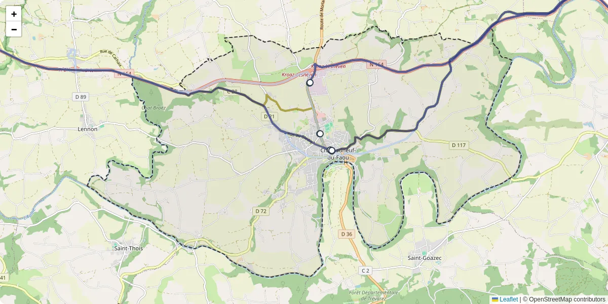 Carte du réseau de transport en commun à Châteauneuf-du-Faou - lignes de bus et arrêts