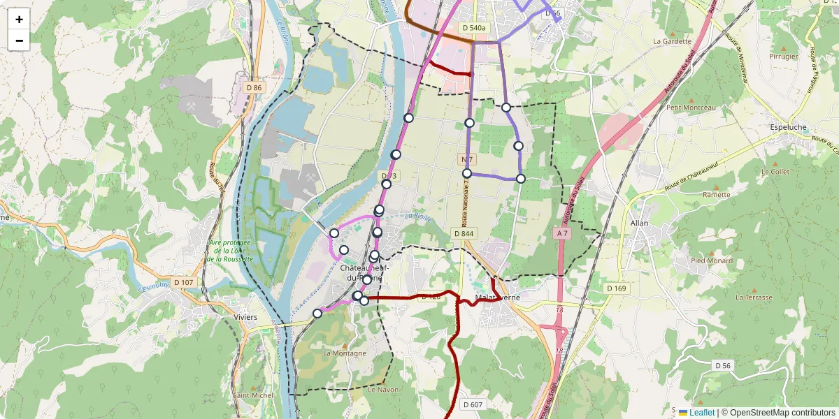 Carte du réseau de transport en commun à Châteauneuf-du-Rhône - lignes de bus et arrêts