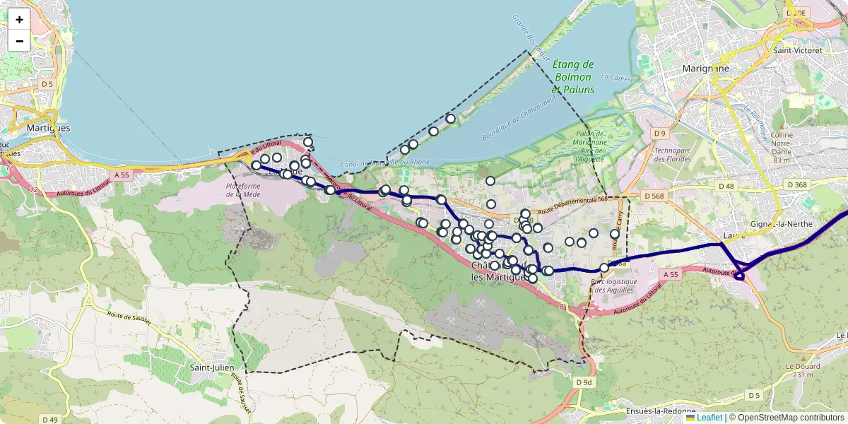 Carte du réseau de transport en commun à Châteauneuf-les-Martigues - lignes de bus et arrêts