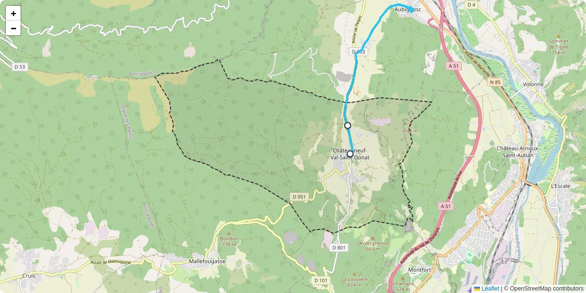 Carte du réseau de transport en commun à Châteauneuf-Val-Saint-Donat - lignes de bus et arrêts