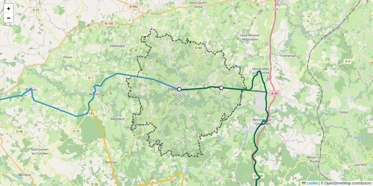 Carte du réseau de transport en commun à Châteauponsac - lignes de bus et arrêts