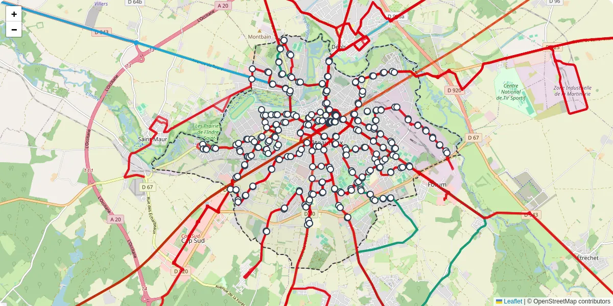 Carte du réseau de transport en commun à Châteauroux - lignes de bus et arrêts