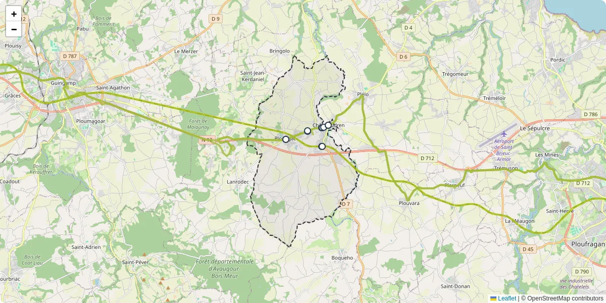 Carte du réseau de transport en commun à Châtelaudren-Plouagat - lignes de bus et arrêts