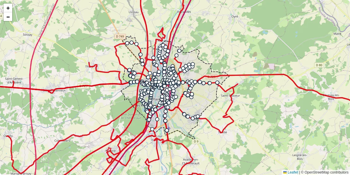Carte du réseau de transport en commun à Châtellerault - lignes de bus et arrêts