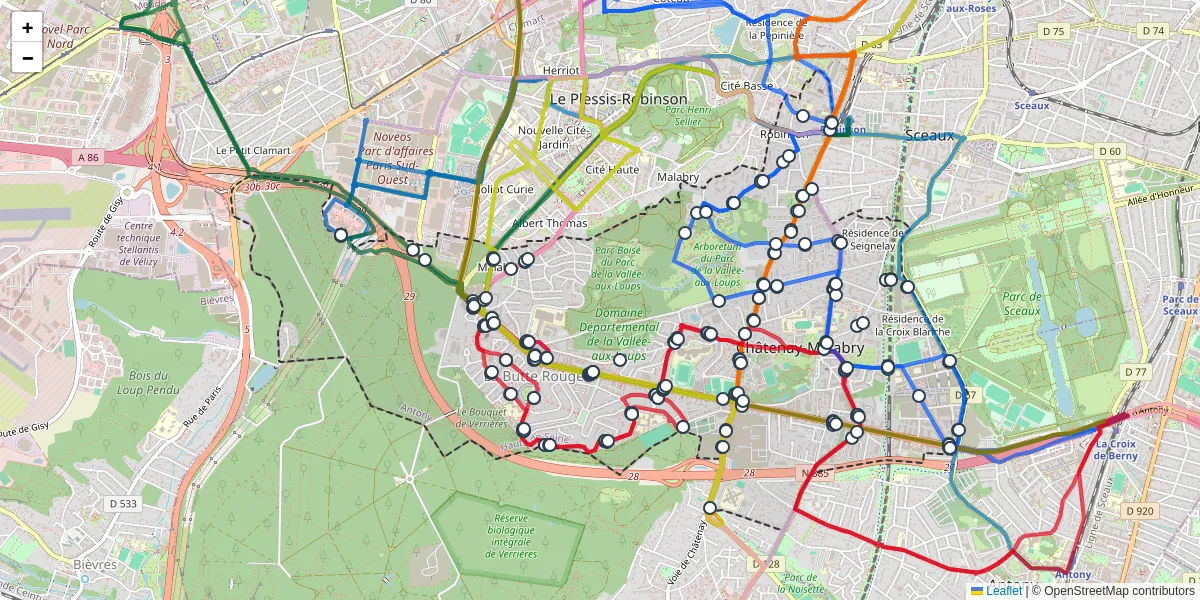 Carte du réseau de transport en commun à Châtenay-Malabry - lignes de bus et arrêts