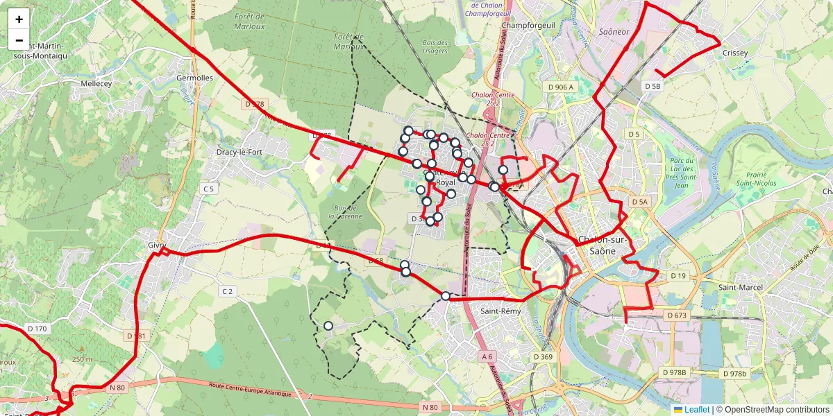 Carte du réseau de transport en commun à Châtenoy-le-Royal - lignes de bus et arrêts