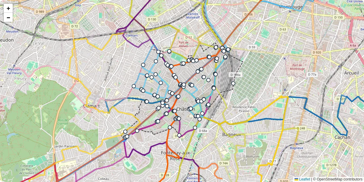 Carte du réseau de transport en commun à Châtillon - lignes de bus et arrêts