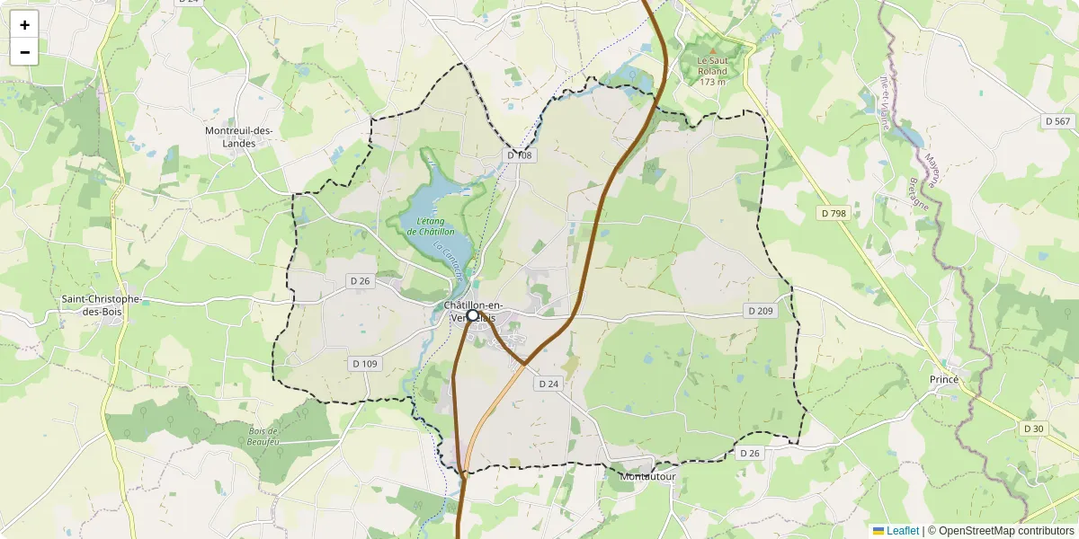 Carte du réseau de transport en commun à Châtillon-en-Vendelais - lignes de bus et arrêts