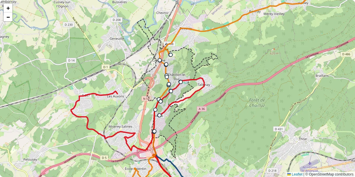 Carte du réseau de transport en commun à Châtillon-le-Duc - lignes de bus et arrêts