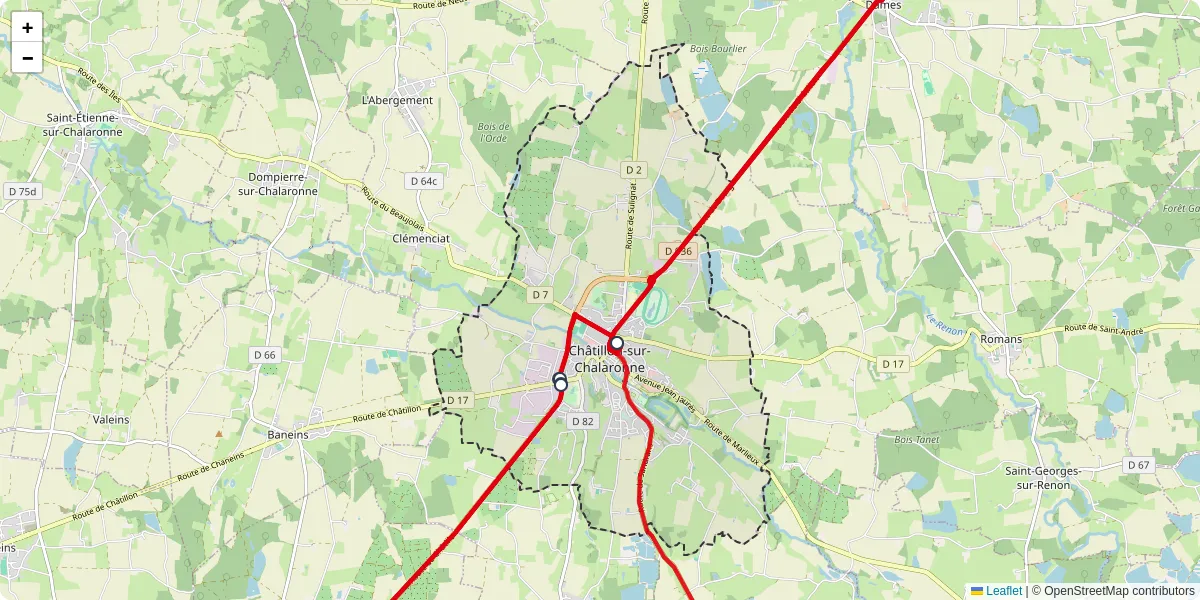 Carte du réseau de transport en commun à Châtillon-sur-Chalaronne - lignes de bus et arrêts