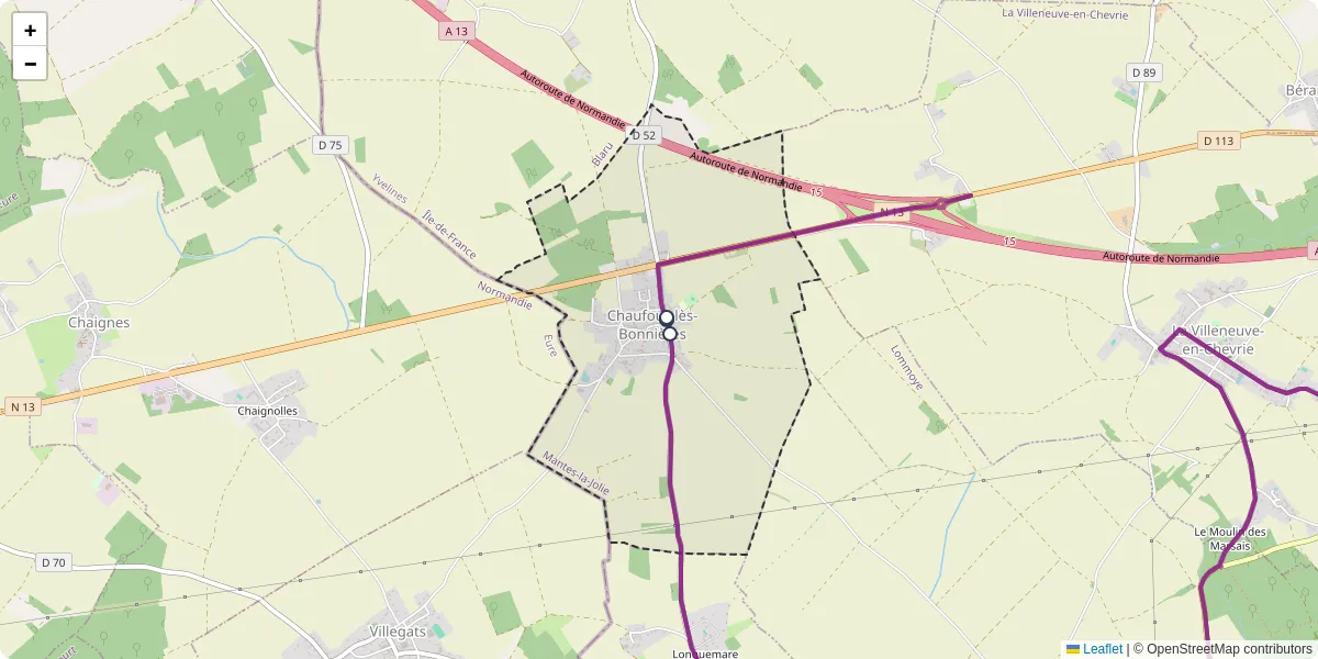 Carte du réseau de transport en commun à Chaufour-lès-Bonnières - lignes de bus et arrêts
