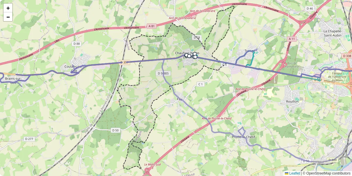 Carte du réseau de transport en commun à Chaufour-Notre-Dame - lignes de bus et arrêts