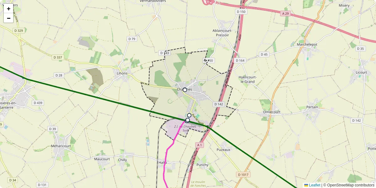Carte du réseau de transport en commun à Chaulnes - lignes de bus et arrêts