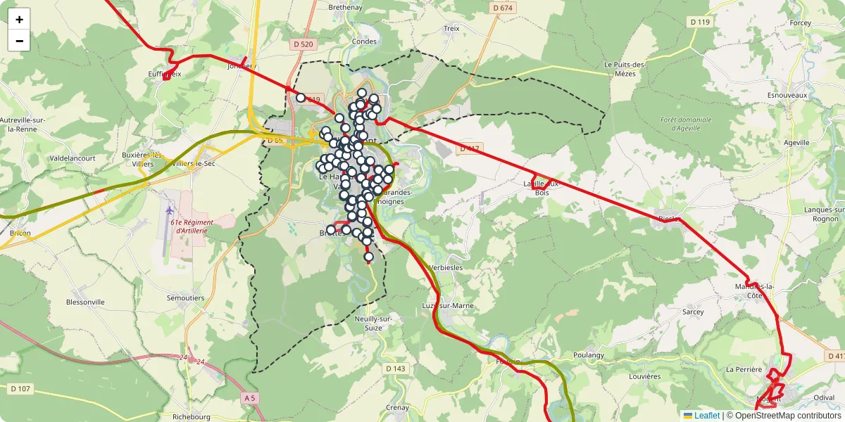 Carte du réseau de transport en commun à Chaumont - lignes de bus et arrêts