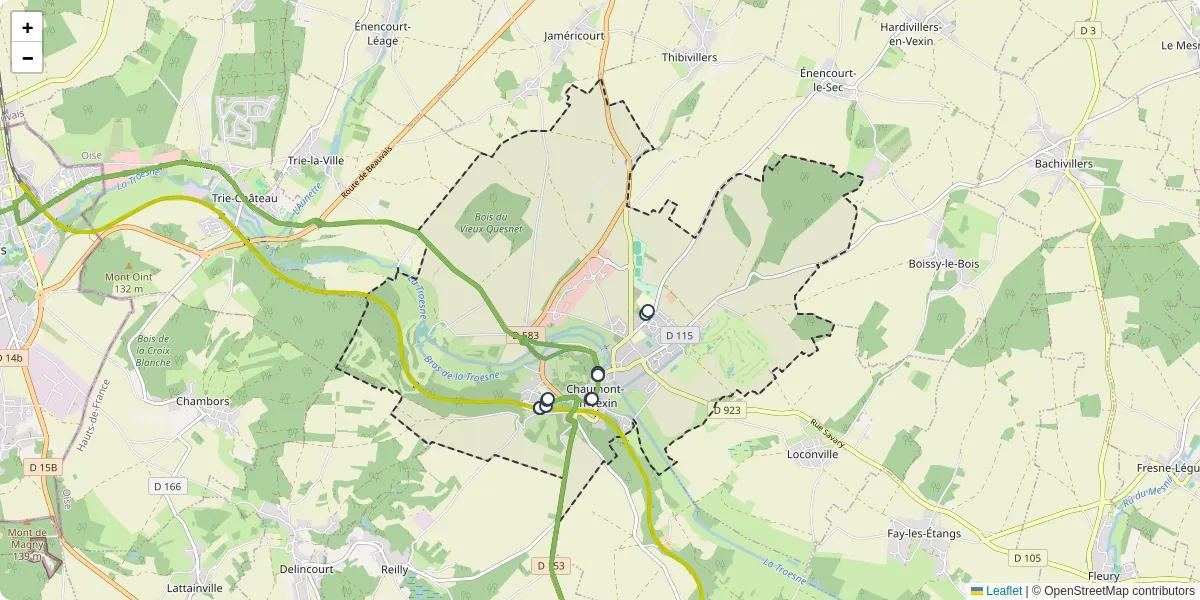 Carte du réseau de transport en commun à Chaumont-en-Vexin - lignes de bus et arrêts