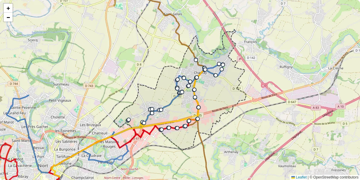 Carte du réseau de transport en commun à Chauray - lignes de bus et arrêts