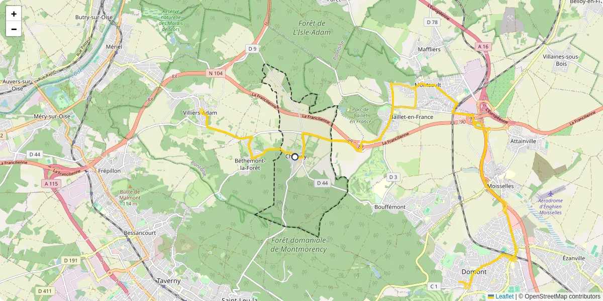 Carte du réseau de transport en commun à Chauvry - lignes de bus et arrêts