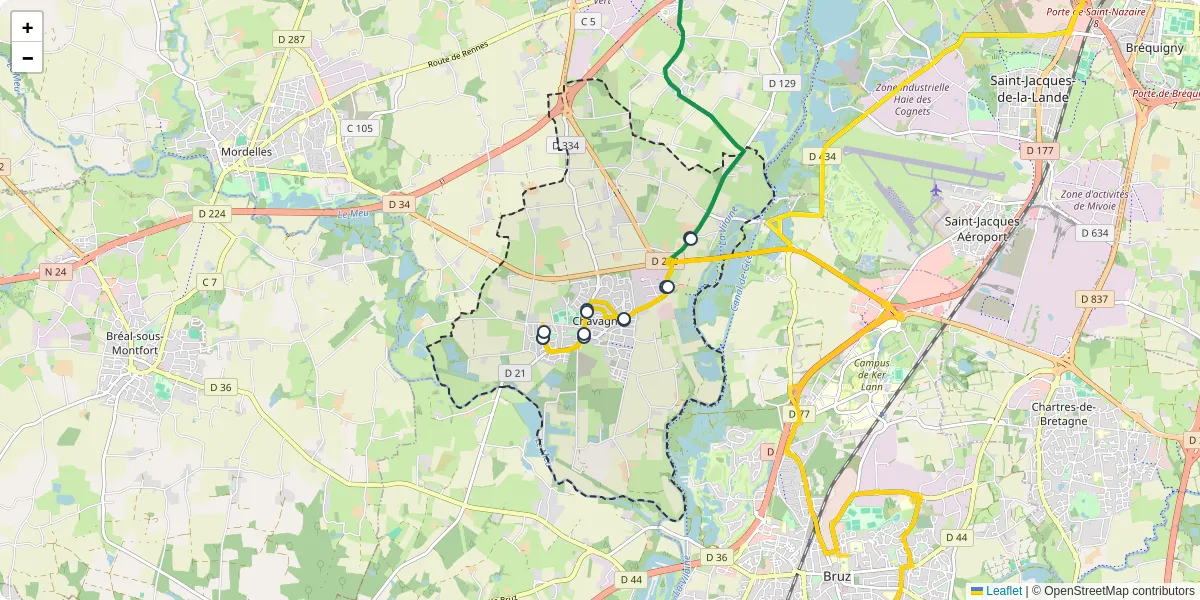 Carte du réseau de transport en commun à Chavagne - lignes de bus et arrêts