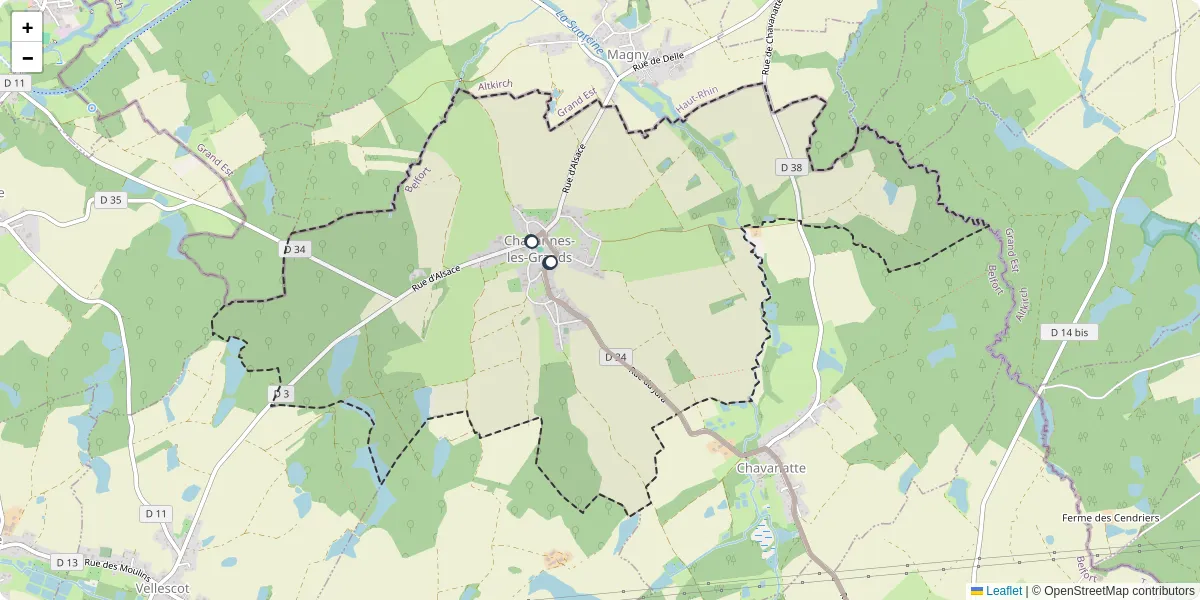 Carte du réseau de transport en commun à Chavannes-les-Grands - lignes de bus et arrêts