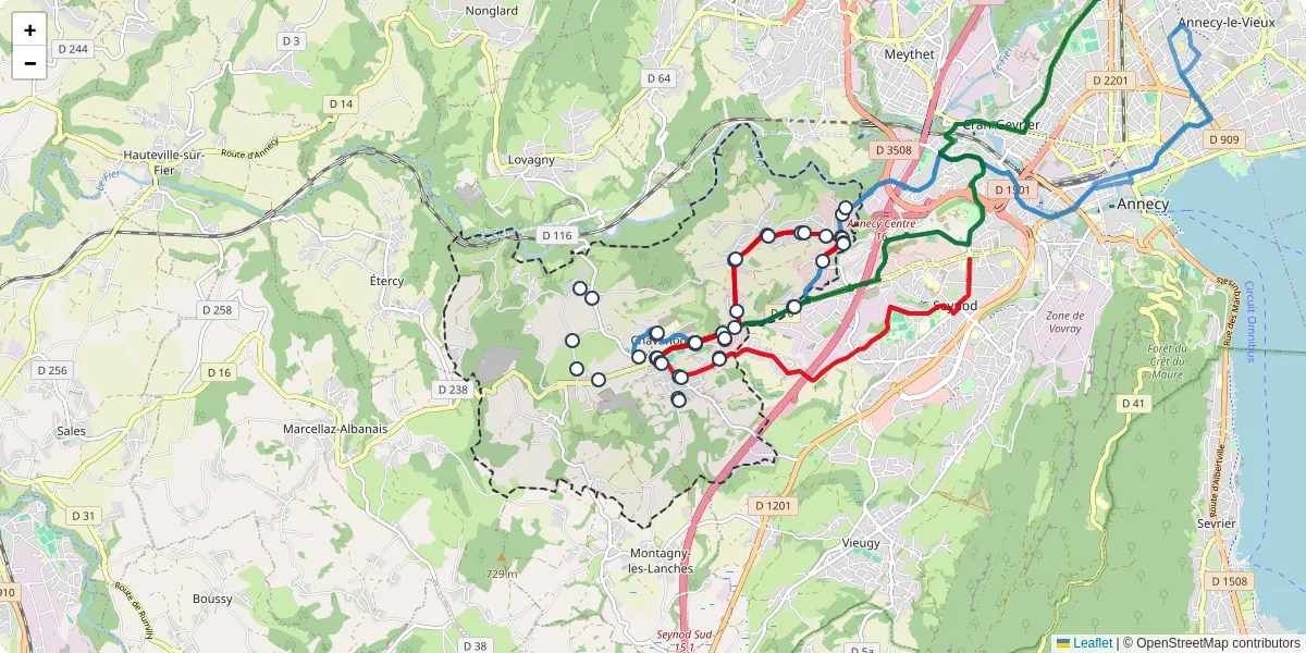 Carte du réseau de transport en commun à Chavanod - lignes de bus et arrêts