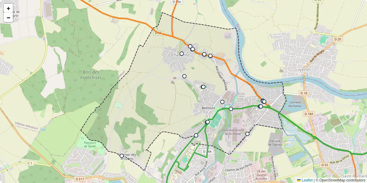 Carte du réseau de transport en commun à Chavanoz - lignes de bus et arrêts